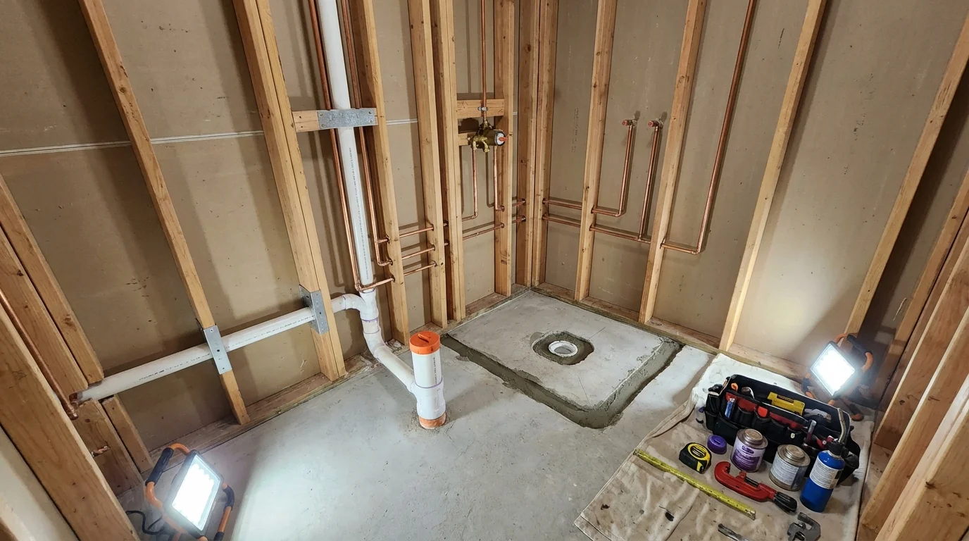 Bathroom rough-in plumbing during remodel by Johns Plumbing LLC in Kaukauna