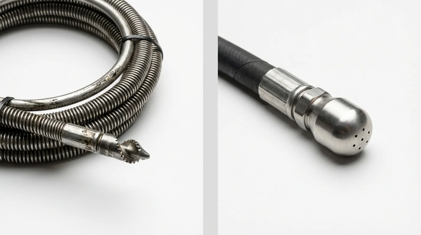 Drain snake cable and hydro jetting nozzle used for drain cleaning in Kaukauna, WI