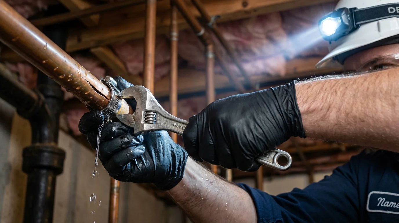 Emergency pipe clamp repair being performed by a Johns Plumbing LLC plumber in Kaukauna