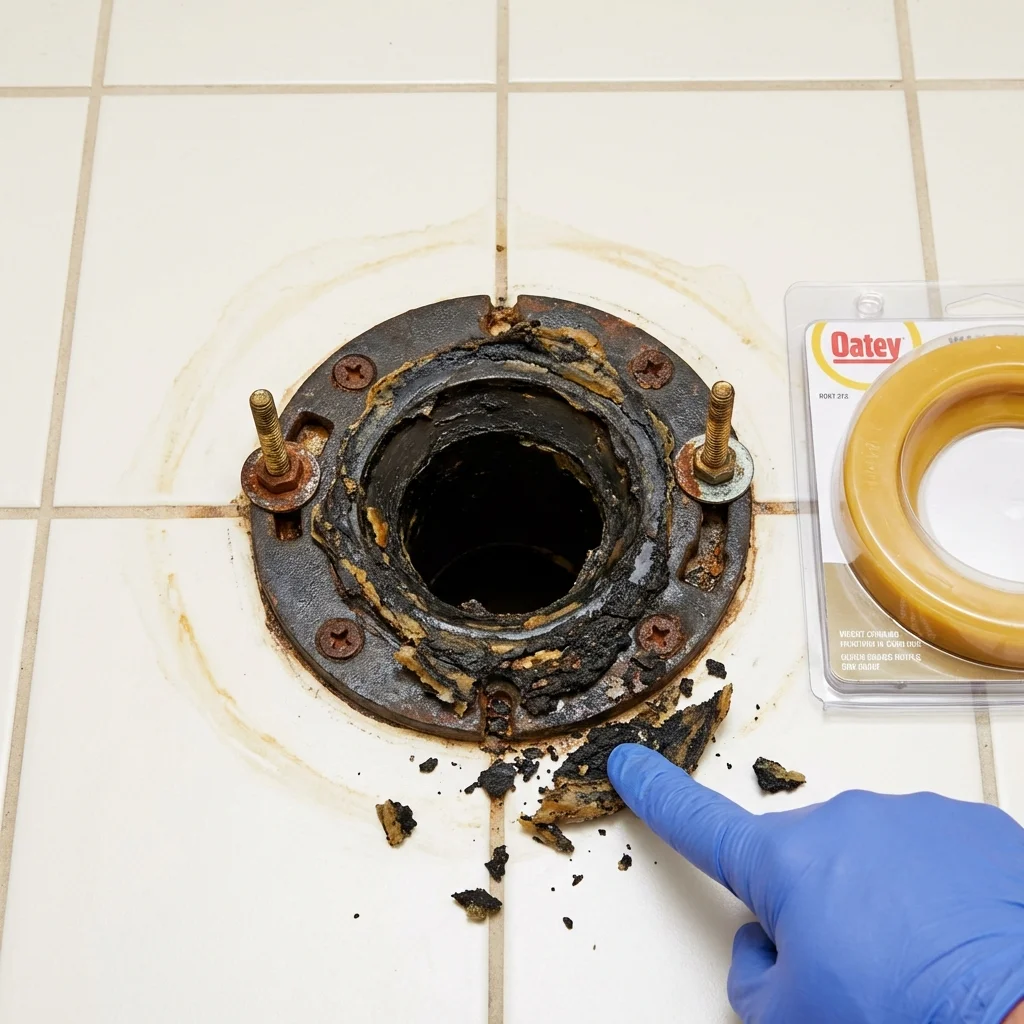 Failed wax ring showing water seepage at the base of a toilet in a Kaukauna, WI home