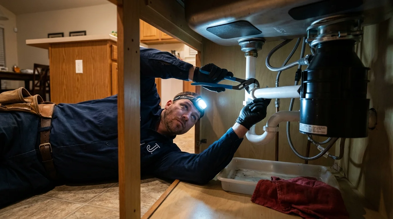 P-trap and supply line connections under a kitchen sink showing a common leak point in Kaukauna, WI